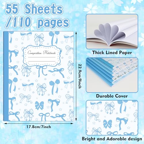 6 Pack Blue Bow Composition Notebooks, Preppy Cute Coquette Notebook,110 Page 9-3/4 x 7-1/2" Aesthetic College Ruled Journal Back to School Gifts First Day of School Favors for Teachers - color: Blue
