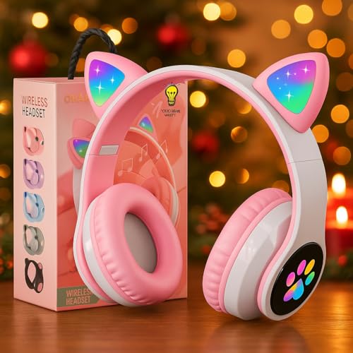 Bluetooth Noise Cancelling Headphones for Kids,Foldable Cat Headphone with LED Light Up Ear,Cat Ear Headphones for Toddler with Microphone/TF Card,Kids Bluetooth Earphones for ipad - color: Pink