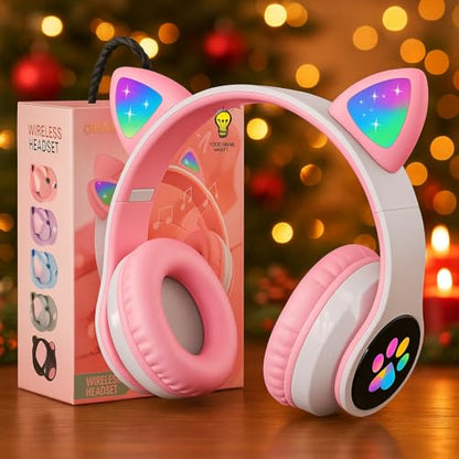 Bluetooth Noise Cancelling Headphones for Kids,Foldable Cat Headphone with LED Light Up Ear,Cat Ear Headphones for Toddler with Microphone/TF Card,Kids Bluetooth Earphones for ipad - color: Pink