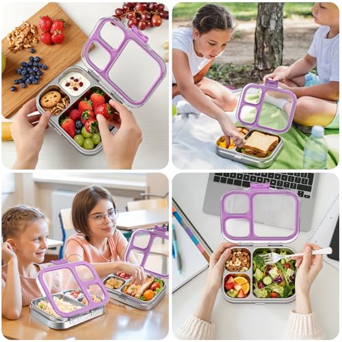 LOHASOK Kids Stainless Steel Lunch Bento Box BPA-Free Leak-Proof Tritan Lid 304 Metal Food Container with 3 Compartments for Girls Boys School Purple - color: Purple, size: 27oz/800ml