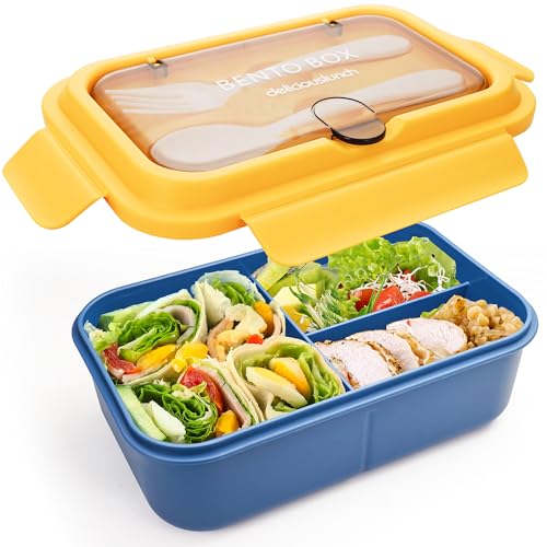 Fanhaw 40 Oz/5 Cup Bento Box for Kids, Men and Women, Lunch Box with 3 Compartments, Utensil, Microwave & Dishwasher Safe (Yellow) - color: Yellow