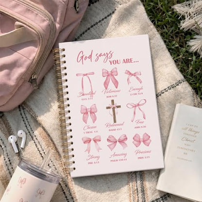 Bible Pink Bow Notebook Journal for Women, Christian Girl Energy Journal, Christian Study Notebook, Cute Preppy Bible Study Spiral Notebook for Bible Notes 5.5 x 8.3 - color: pink god says