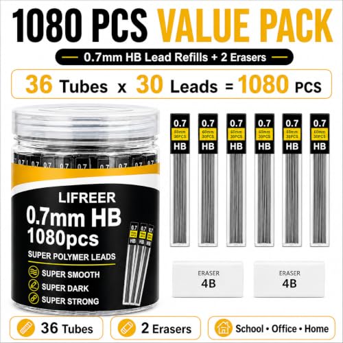 0.7 Lead Refills (1080 Pcs), Unbreakable 0.7 mm Lead Refills and 2 Premium Erasers, Long Lasting HB Pencil Lead 0.7 Refill,Mechanical Pencil Lead 0.7mm for Students & Professionals - style: 0.7 lead refills