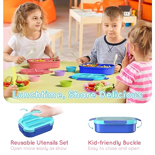 Bento Box Kid Adult Lunch Box 2 Pack, Leakproof Bento Lunch Container 4 Compartment Bento-Style Lunchbox with Utensil Set, On-the-Go Meal and Snack Packing for School, Work, Picnic - color: Pink & Blue