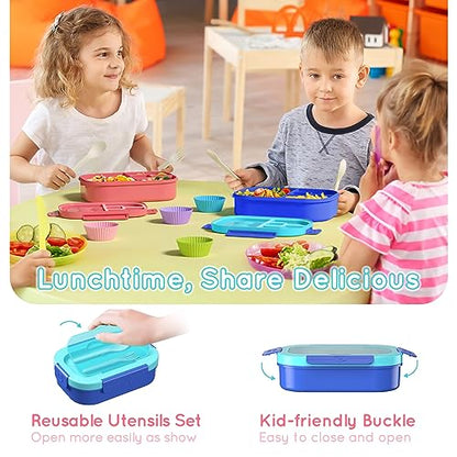 Bento Box Kid Adult Lunch Box 2 Pack, Leakproof Bento Lunch Container 4 Compartment Bento-Style Lunchbox with Utensil Set, On-the-Go Meal and Snack Packing for School, Work, Picnic - color: Pink & Blue