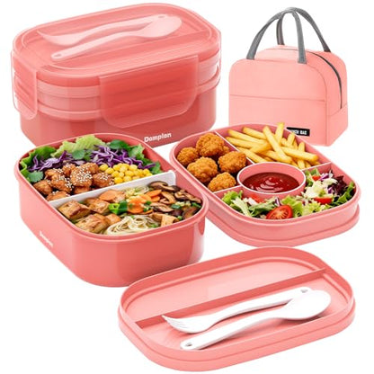 2 Layers Bento Box, All-in-One Stackable Lunch Container with Compartments, 64oz Leakproof Microwave Safe Dishwasher Safe Bento Box with Lunch Bag and Utensil Set for Kids and Adults - color: Pink