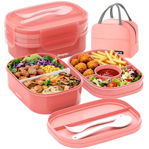 2 Layers Bento Box, All-in-One Stackable Lunch Container with Compartments, 64oz Leakproof Microwave Safe Dishwasher Safe Bento Box with Lunch Bag and Utensil Set for Kids and Adults - color: Pink