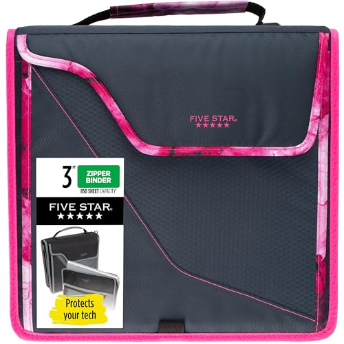 Five Star Zipper Binder, 3 Inch 3-Ring Binder with D Rings, Removable Padded Case, 5-Tab Expanding File and Multi-Use Strap, 850 Sheet Capacity, Navy/Pink (292960D) - color: Navy/Pink, size: 3 Inch
