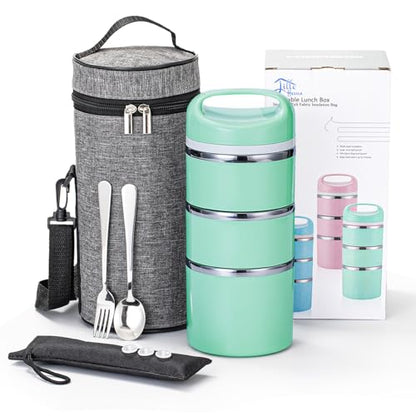 Lille Home Stackable Stainless Steel Thermal Compartment Lunch/Snack Box, 3-Tier Insulated Bento/Food Container with Lunch Bag, Utensils Set and Three Extra Seals, 43OZ (Green with Utensils) - color: Green with Utensils