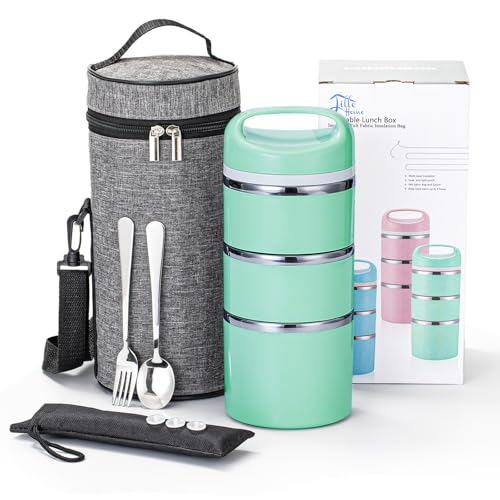 Lille Home Stackable Stainless Steel Thermal Compartment Lunch/Snack Box, 3-Tier Insulated Bento/Food Container with Lunch Bag, Utensils Set and Three Extra Seals, 43OZ (Green with Utensils) - color: Green with Utensils