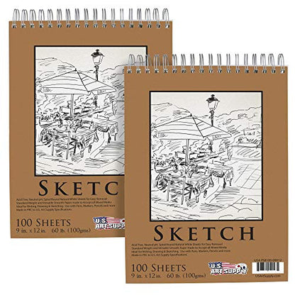 U.S. Art Supply 9"x12" Top Spiral Bound Sketch Book, 2 Pack, 100 Sheets Each, 60lb (100gsm), Acid-Free, Artist Sketchbook, Drawing Pad for Adults & Students - size: 9-x-12-inch