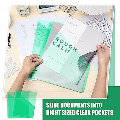 Seajan 48 Pcs Pocket Folders for 3 Ring Binder Clear Plastic Folders Sleeves with 2 Pockets 3 Hole Punch Binder Dividers Poly Slash File Jackets for Office School Document Organizer (Green) - color: Green