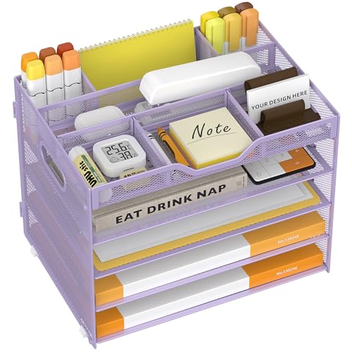 5 Tier Paper Letter Tray with 3 Drop-in Pen Holders, Mesh Desk File Organizer with Handle, Desk Organizers and Accessories for School,Home, Office Supplies Storage-Purple - color: 5 Tier-Purple, size: 12.5" x 9.1" x 10.3"
