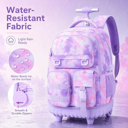 CCJPX Rolling Backpack for Girls, 3Pcs Roller Wheeled School Bookbag, Tie-dye Wheels Backpacks with Lunch Box for Kids (Pink) - color: Cloud Purple