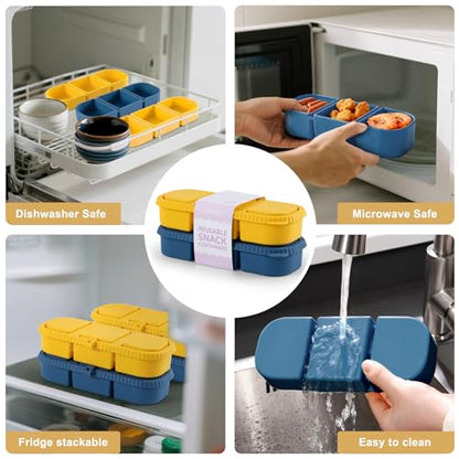 2 Pack Silicone Snack Containers, 3-Compartment Snackle Box with Leak Proof Lids, Reusable Small Divided Food Storage for Kids Lunch, School Travel Adults - color: 3-Compartment (2-Pack)-Blue,Yellow