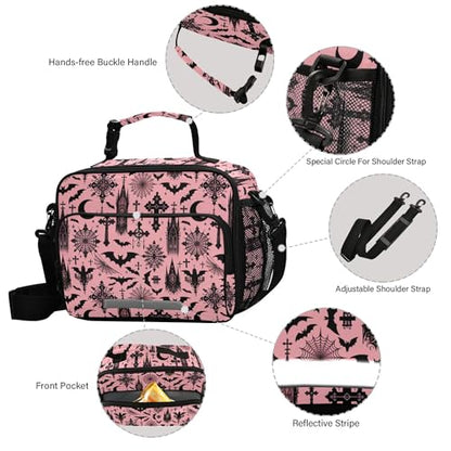 MNSRUU Student Lunch Bag Black Gothic Moon Spider Webs and Bats Insulated DinnerTotes Picnic Bag Lunch Box with Adjustable Shoulder Strap for Teen Kids Adults - color: Bats I8897