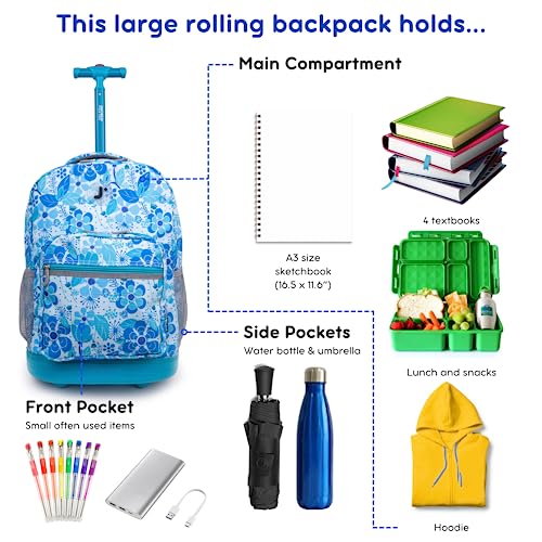J World Sunrise Kids Rolling Backpack with Wheels for Girls Boys, Roller Bookbag for School, 18 x 13 x 9 Inches, Blue Vine - color: Blue Vine