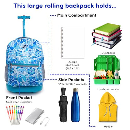 J World Sunrise Kids Rolling Backpack with Wheels for Girls Boys, Roller Bookbag for School, 18 x 13 x 9 Inches, Blue Vine - color: Blue Vine