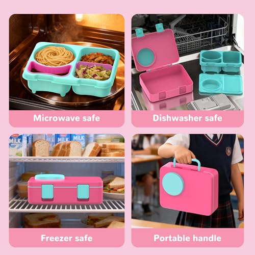 Bento Box for Kids, Leakproof Kids Bento Lunch Box Container with 8oz Insulated Thermo Food Jar, Sauce Jar, Utensil, DIY Stickers for School Boys Girls, 3-4 Compartments, BPA-Free - color: Rose Pink
