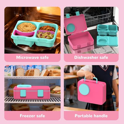 Bento Box for Kids, Leakproof Kids Bento Lunch Box Container with 8oz Insulated Thermo Food Jar, Sauce Jar, Utensil, DIY Stickers for School Boys Girls, 3-4 Compartments, BPA-Free - color: Rose Pink