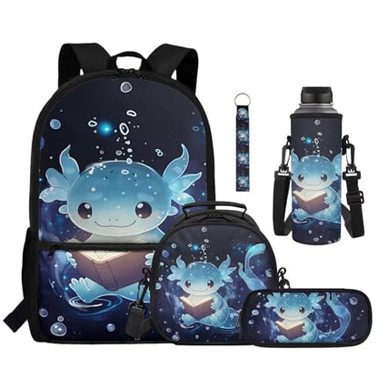 Blue Axolotl 5 Piece Kids School Backpack Set with Lunch Bag Pencil Case and Water Bottle Carrier Large Capacity Bookbag for Elementary and Middle School - color: Blue Axolotl-a