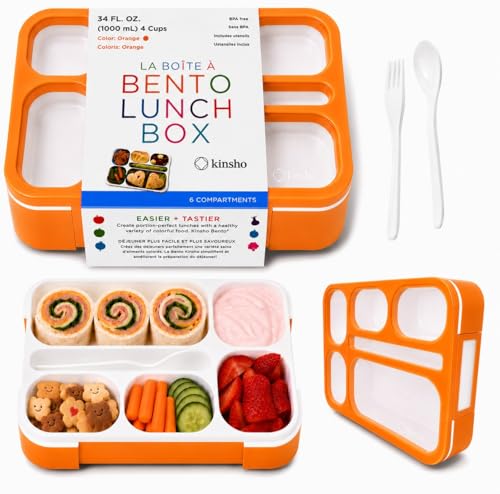 Bento Lunch Box for Kids, Boys, Girls, Adults, 6 Compartment Lunch-Boxes, Leakproof School Snack or Meal Portion Container, Utensils, BPA-Free, Orange - color: Orange