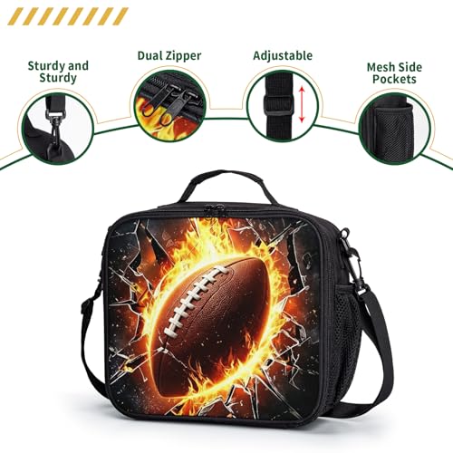 Fire American Football Lunch Box for Boys Girls Black Lunch Bag with Shoulder Strap for Kids Teens Durable Large Capacity Insulated Lunchbox Thermal Meal Bag for School Picnic - color: A-S-American football