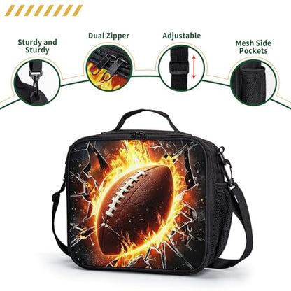Fire American Football Lunch Box for Boys Girls Black Lunch Bag with Shoulder Strap for Kids Teens Durable Large Capacity Insulated Lunchbox Thermal Meal Bag for School Picnic - color: A-S-American football