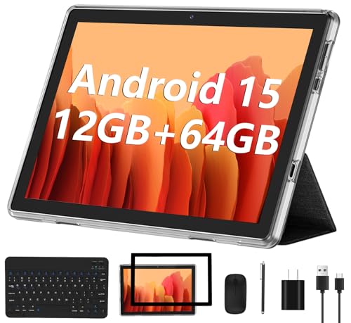 ECOPAD Android 15 Tablet, 10 Inch Tablets with Keyboard Mouse 12GB RAM + 64GB ROM +1TB Expand, 2 in 1 Tableta with WiFi 6 / Bluetooth/GMS Certified/IPS Touch Screen, Black Set - color: Black Set