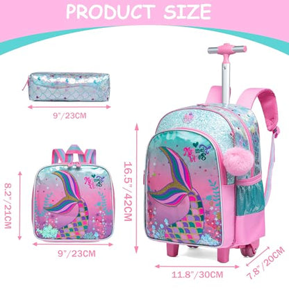 Meetbelify Cute Mermaid Rolling Backpack for Girls Backpacks with Wheels for Elementary Preschool Students with Lunch Box Pencil Case for Girls Age 8-10 - color: Green Mermaid