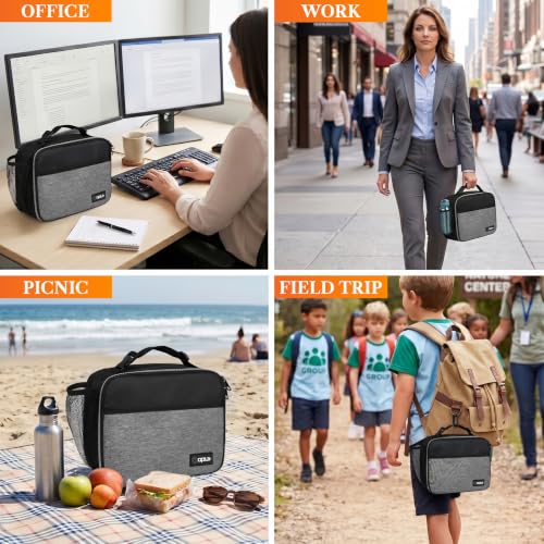opux Insulated Lunch Bag for Kids, Reusable Lunch Box for School with Leakproof Lining, Compact Soft Cooler Tote for Boys & Girls, Front Pocket, Mesh Side Bottle Holder (Heather Gray) - color: Heather Gray