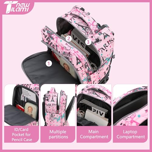 NEW TILAMI 18 inch Rolling Backpack for Kids Waterproof, Adjustable Handle Stair Climbing, Large Storage for School, Travel, Girls & Boys, Pink Romantic Paris - color: Pink Romantic Paris