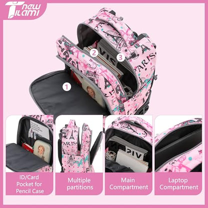 NEW TILAMI 18 inch Rolling Backpack for Kids Waterproof, Adjustable Handle Stair Climbing, Large Storage for School, Travel, Girls & Boys, Pink Romantic Paris - color: Pink Romantic Paris
