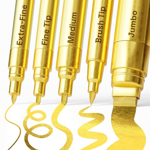 ARTISTRO 5 Gold Paint Pen for Rock, Glass, Ceramic, Wood, Tire, Fabric, Metal, Canvas, Marking, Painting - Set of 5 Acrylic Paint Markers Water-based - Different Tips - color: Gold, style: Different Tips