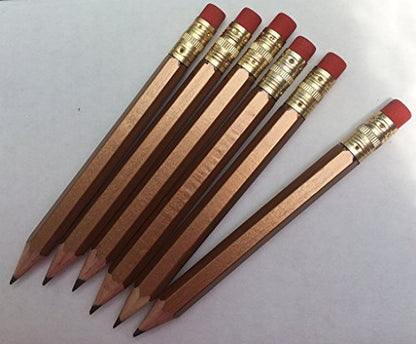 Half Pencils with Eraser - Golf, Pew, Parties, Events, Short, Mini, Non Toxic, Hexagon, Sharpened, #2 Pencil, Color: Gold, Box of 72, (1/2 gross) Golf Pocket Pencils™