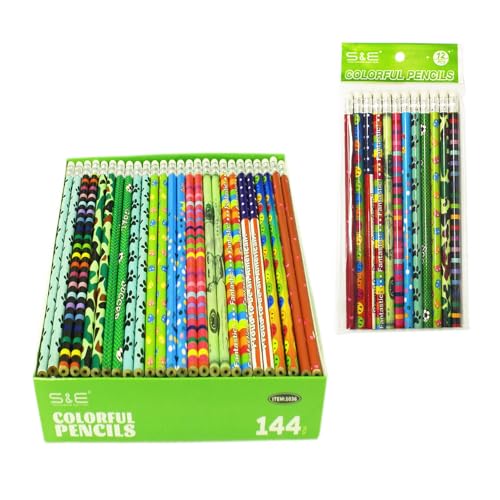 S & E TEACHER'S EDITION Assorted Colorful Pencils, Wooden Pencil with Eraser, Pencil Assortment, Novelty, Awards & Incentives Pencils, No.2 HB, Back to school, 12 Colors 144pcs.
