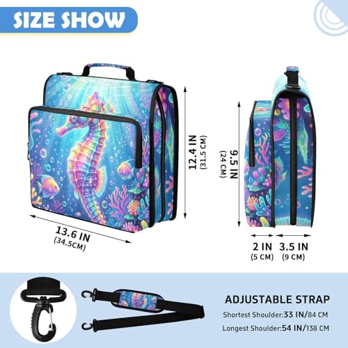Seahorse 2-inch 3 Ring Zipper Binder with Shoulder Strap Holds 14 Inch Laptop for Students and Office - color: Seahorse