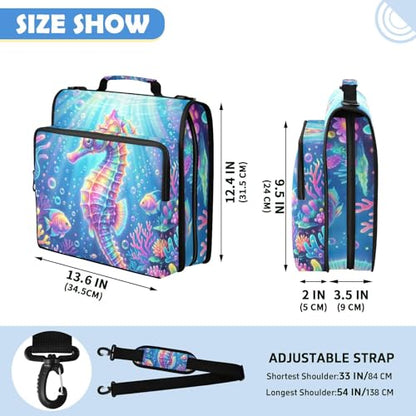 Seahorse 2-inch 3 Ring Zipper Binder with Shoulder Strap Holds 14 Inch Laptop for Students and Office - color: Seahorse