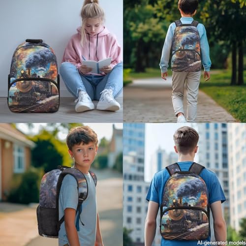 Children 4 Piece School Backpack Bundle - Retro Steam Train Pattern Bookbag Set Includes with Insulated Lunch Box, Pencil Case & Water Bottle Holder for Boys Primary - color: Retro Steam Train Pattern