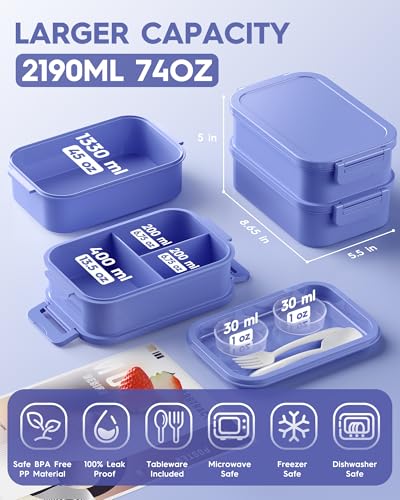 KEMETHY Adults Bento Lunch Box Set with Thermo Bag, 74oz Stackable Leak-proof 3-tiers Bento Box, Built-in Utensil and Sauce Container for Work, School, Dining Out (Purple) - color: Lavender Purple