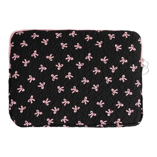 Cute Bow Laptop Sleeve 13.3 Inch, Puffy Quilted Protective Case with Bowknot, Aesthetic Padded Computer Cover Compatible with Mac-Book Air Pro, iPad - color: Black Pink