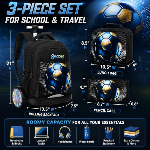 AGSDON Quiet Rolling Backpack with Lunch Box Set – Large Luminous Wheel Water‑Resistant Wheeled Bag for School, Outings, and Travel | Black Gold Soccer 3‑Piece Organizer Backpack - color: Large Luminous Wheel Rolling Black Gold Soccer