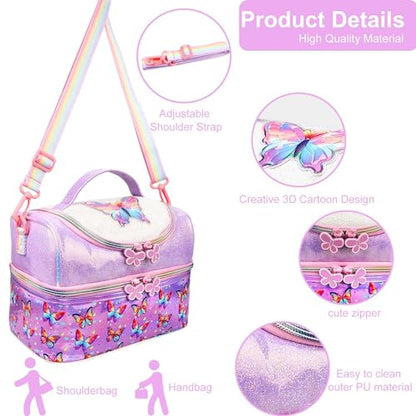 RHCPFOVR Kids Lunch Bag - Double - Decker Cooler Insulated Lunch Box for Boys Girls Women,Washable Lunch Bag with Strap and Reusable Toddler Lunchbox for School and Daycare - color: Purple Butterfly 1