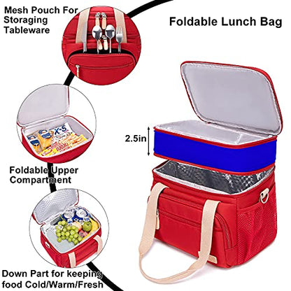 Weitars Lunch Bag for Women, Loncheras Para Mujer Waterproof Reusable Large Dual Compartment Lunch Box Wide-Open Cooler Tote Bag For Nurse Office Working Picnic Hiking (15L) (Red) - color: Red