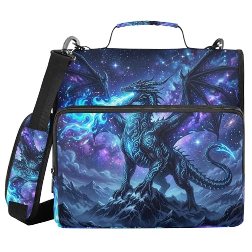 Dragon Pattern 3 Ring Zipper Binder with Shoulder Strap & Handle 2 Inch D-Ring Zippered Binder Bag with Multiple Pocket & Pencil Pouch, Binder Organizer for School or Office - color: Dragon
