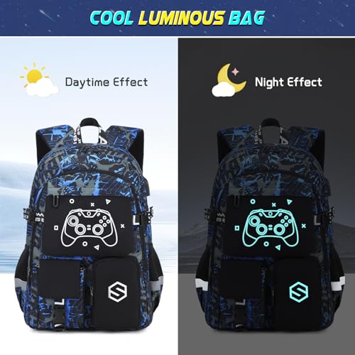 Scothen Boys Backpack, Cool Luminous School Backpacks for Boys with Lunch Bag Pencil Case, Kids Backpack Kindergarten Elementary Middle School Book Bags for Teen Boy Children with USB Charging Port - color: Cool Blue