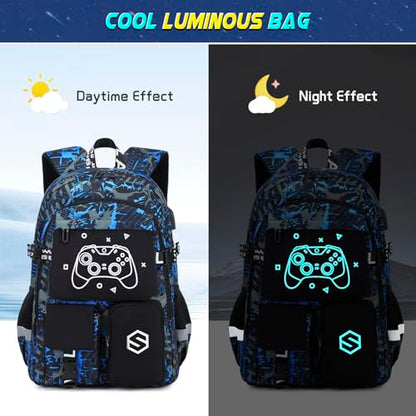 Scothen Boys Backpack, Cool Luminous School Backpacks for Boys with Lunch Bag Pencil Case, Kids Backpack Kindergarten Elementary Middle School Book Bags for Teen Boy Children with USB Charging Port - color: Cool Blue