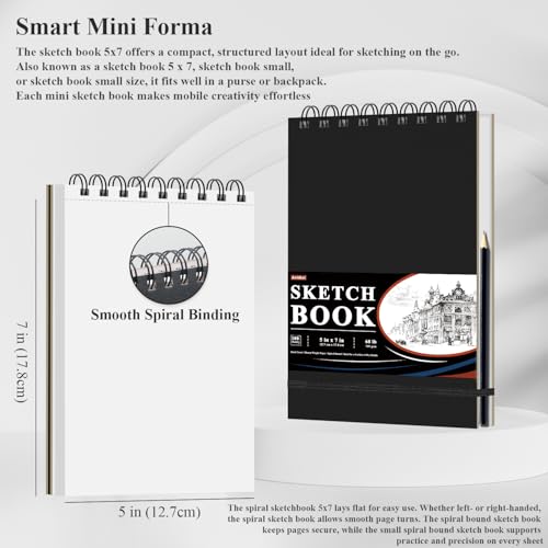 Ankkol Spiral Sketchbook 5x7, Small Sketch Book Hard Cover -100 Sheets, 68lb/100gsm Mini Drawing Pad Paper, Lay-Flat Mini Travel Sketchbook & Stocking Stuffer for Artist and Sketching Supplies. - color: Black, size: 5"x7" - 1 Pack