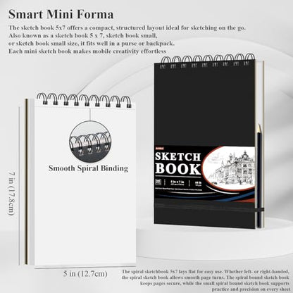 Ankkol Spiral Sketchbook 5x7, Small Sketch Book Hard Cover -100 Sheets, 68lb/100gsm Mini Drawing Pad Paper, Lay-Flat Mini Travel Sketchbook & Stocking Stuffer for Artist and Sketching Supplies. - color: Black, size: 5"x7" - 1 Pack