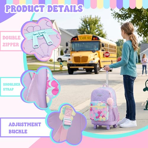 Rolling Backpack for Girls,Backpack with Wheels for Girls Kids Wheeled School Bag Set with Lunch Bag & Pencil Case,Flower Print Elementary Trolley Bookbag for Travel - color: Purple Flower